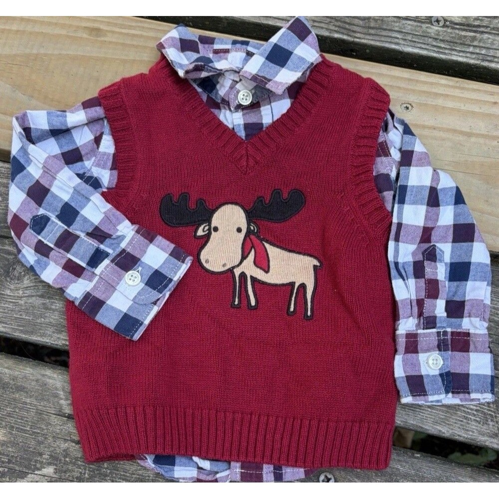 Boys Gymboree Sleeveless Sweater Vest babyGap Plaid 12-18 Months Red Moose Set